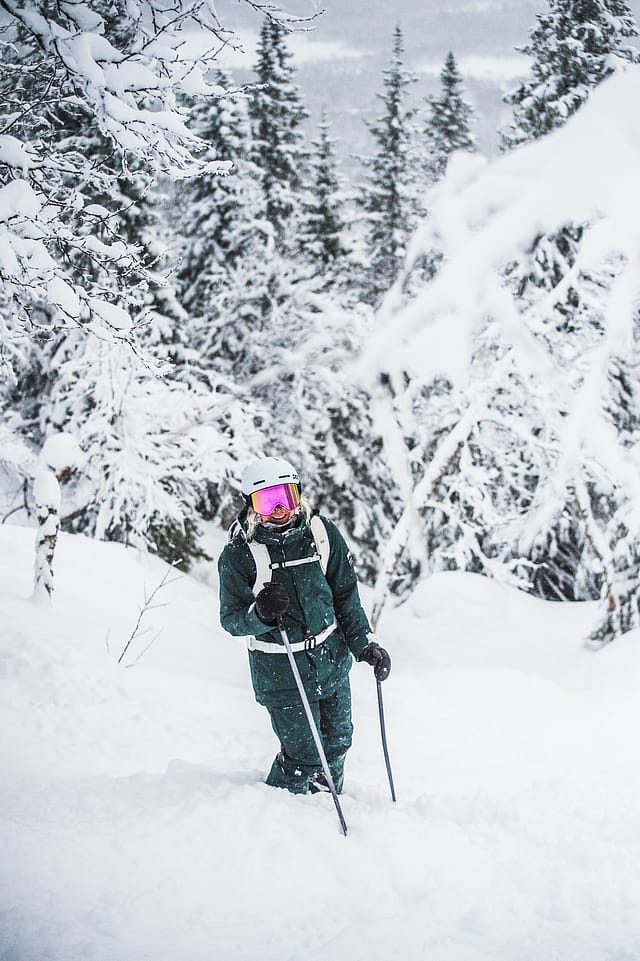 Emma wears Montec ski gear while skiing